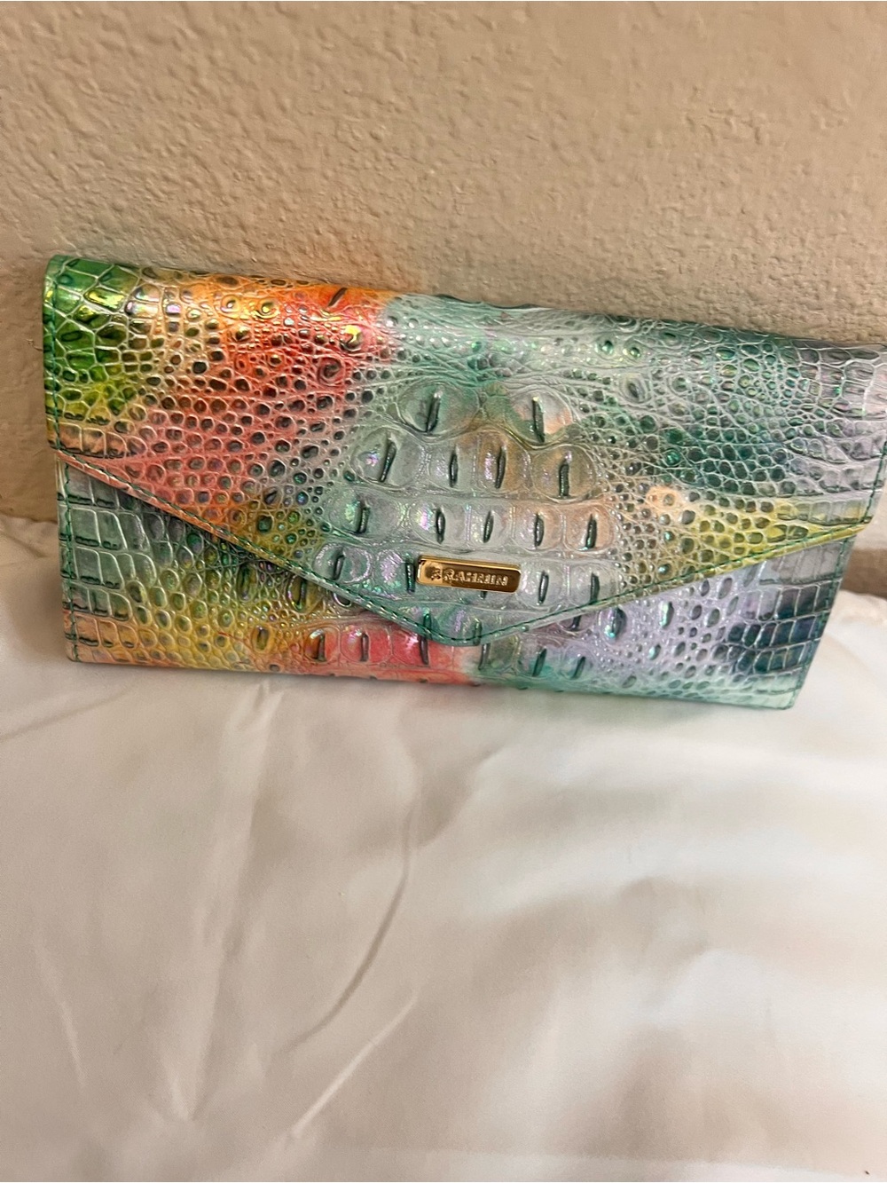 🪭NWOT RARE BRAHMIN IRIDESCENT Multi-Color Croc Embossed Envelope WALLET.